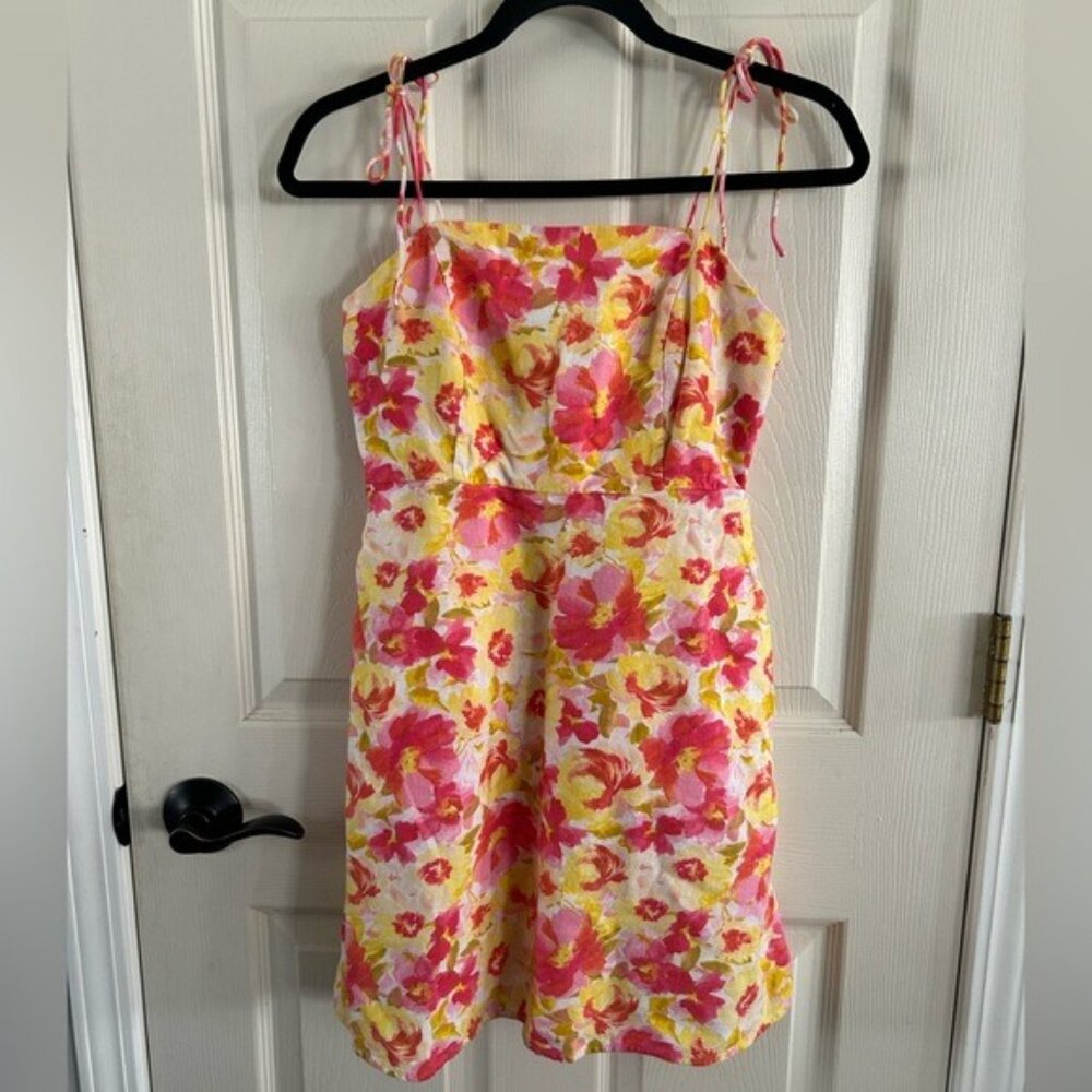 Old Navy Sz Small Yellow Pink Floral Mini Dress Tie Straps Linen Blend Pockets - Picture 9 of 15